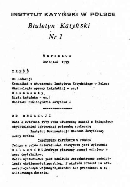 Pierwsza strona "Biuletynu Katyńskiego", nr.1.