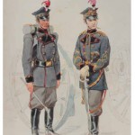 Projekty ubiorów powstańczych do instrukcji „Umundurowanie wojska” z 1863 r., rysunek i akwarela Juliusza Kossaka – artyleria oficer i kanonier