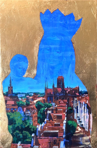obraz: sylwetka Matki Boskiej z dzieciątkiem i widok na miasto